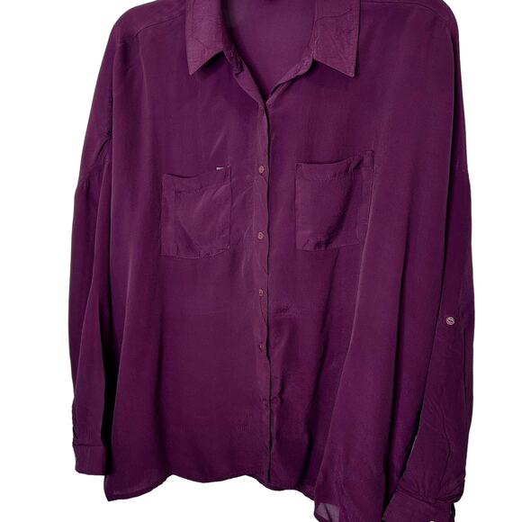 Tolani Purple 100% Cupro Button Up Roll Tab Long Sleeve Blouse - Picture 3 of 8
